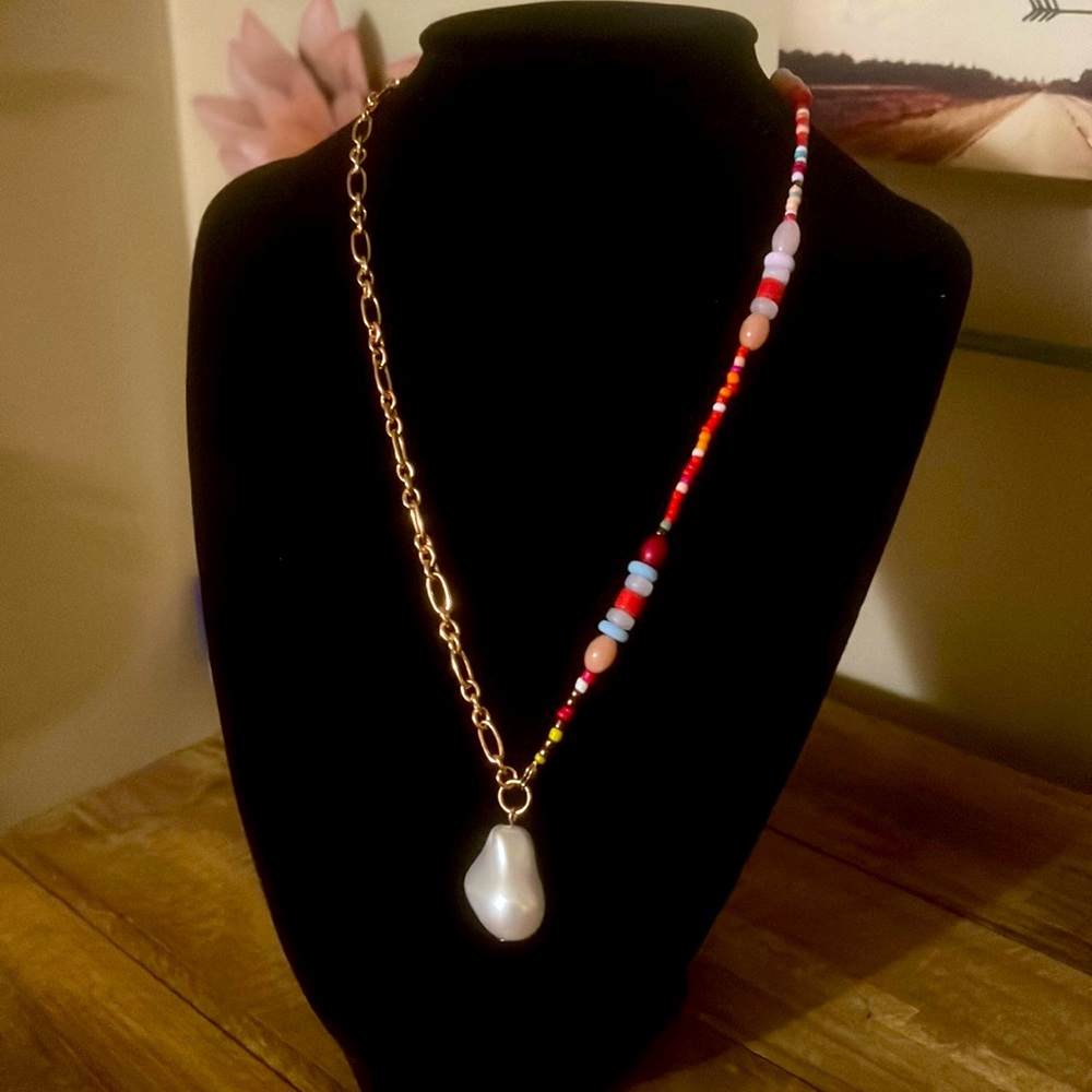 80R gold tone and colorful beaded necklace with faux pearl pendant. Never worn!
